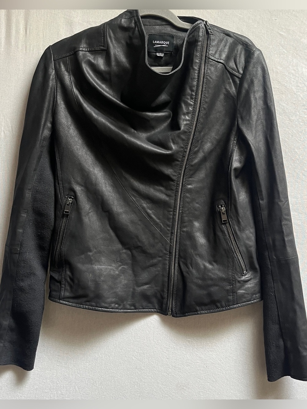 Lamarque Black Leather Asymmetrical Zip Moto Jacket Sz S